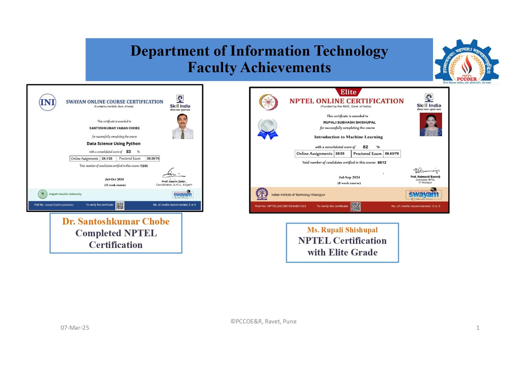 Faculty Achievement, PCCOER